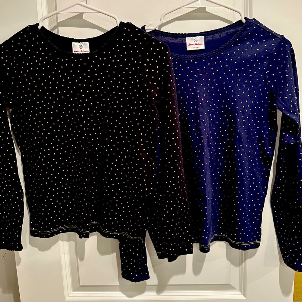 Two Long sleeve tshirts gold dots. One black one navy blue. Hannah Anderson.